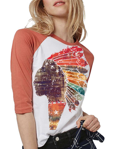 A person wearing a red and white shirt with a colorful Native American headdress graphic.