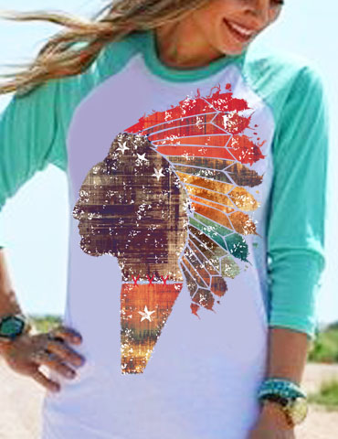 T-shirt featuring a distressed silhouette of a Native American chief in a colorful feather headdress.