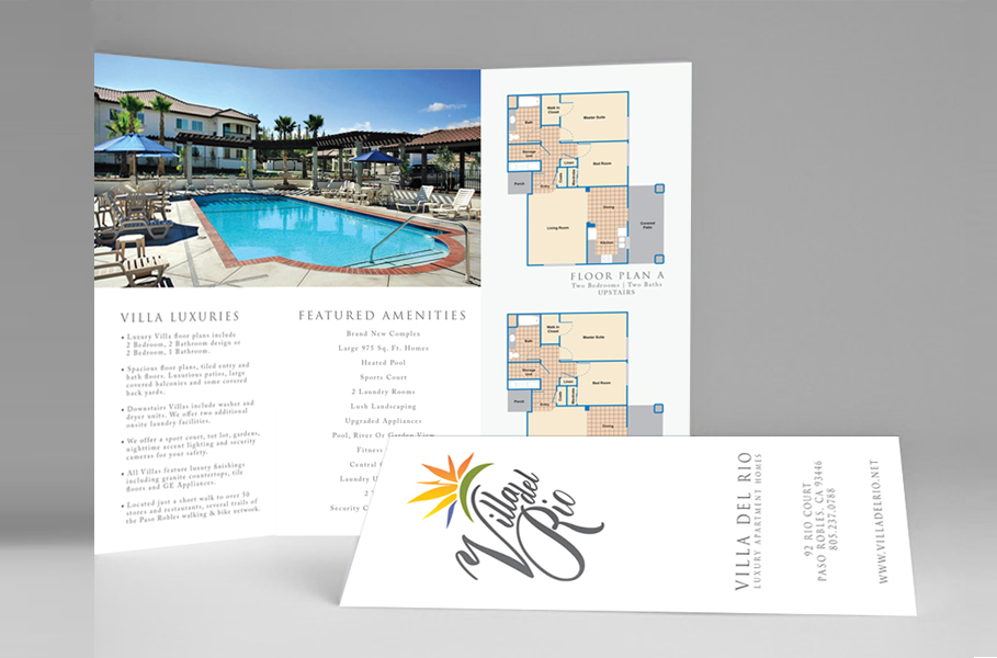 Real estate brochure featuring a pool photo and floor plans.