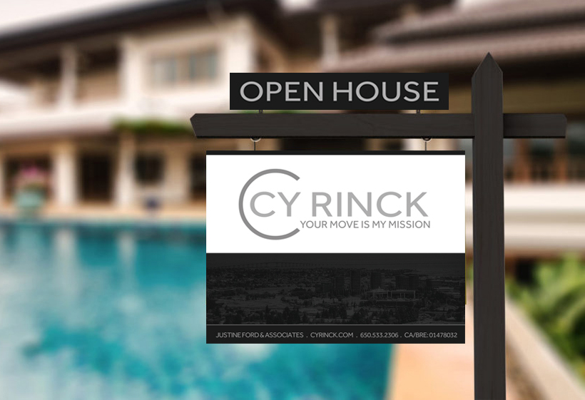 Open house sign in front of a luxury property with a pool.