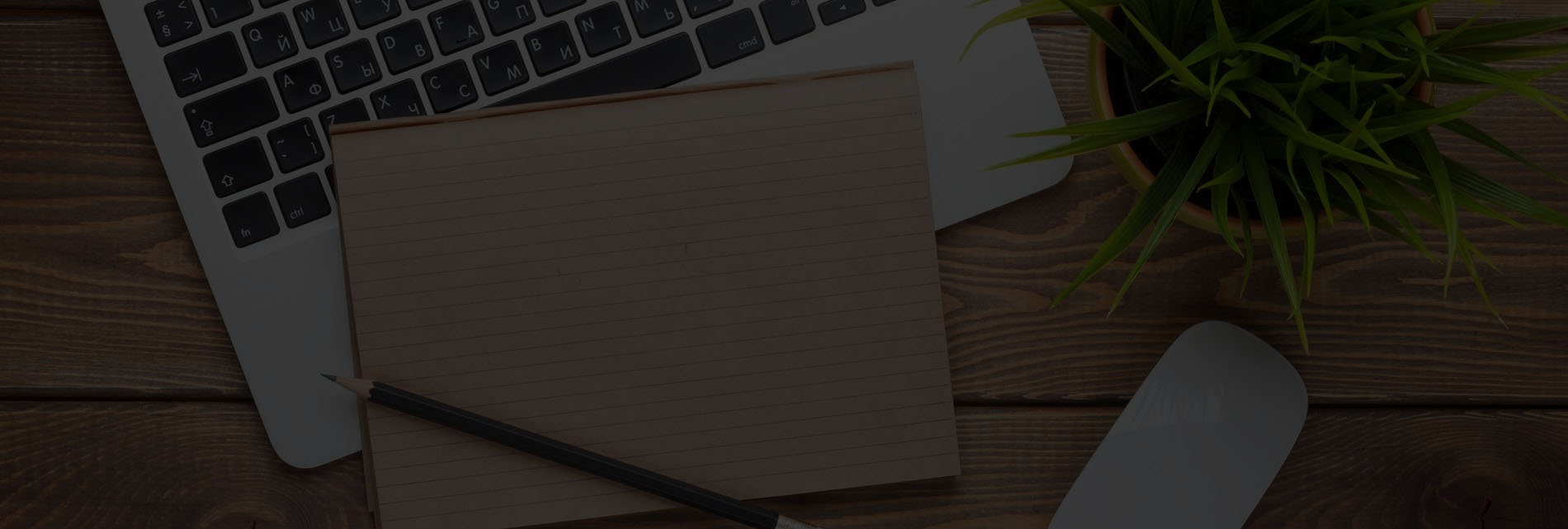 Dark workspace with a notebook, pencil, laptop, and plant on a wooden table.