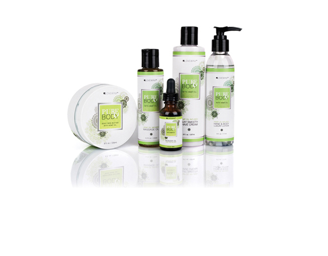 Set of natural skincare products with green labels on white background.