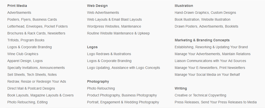 A list of creative and marketing services including web design, logos, photography, and writing.