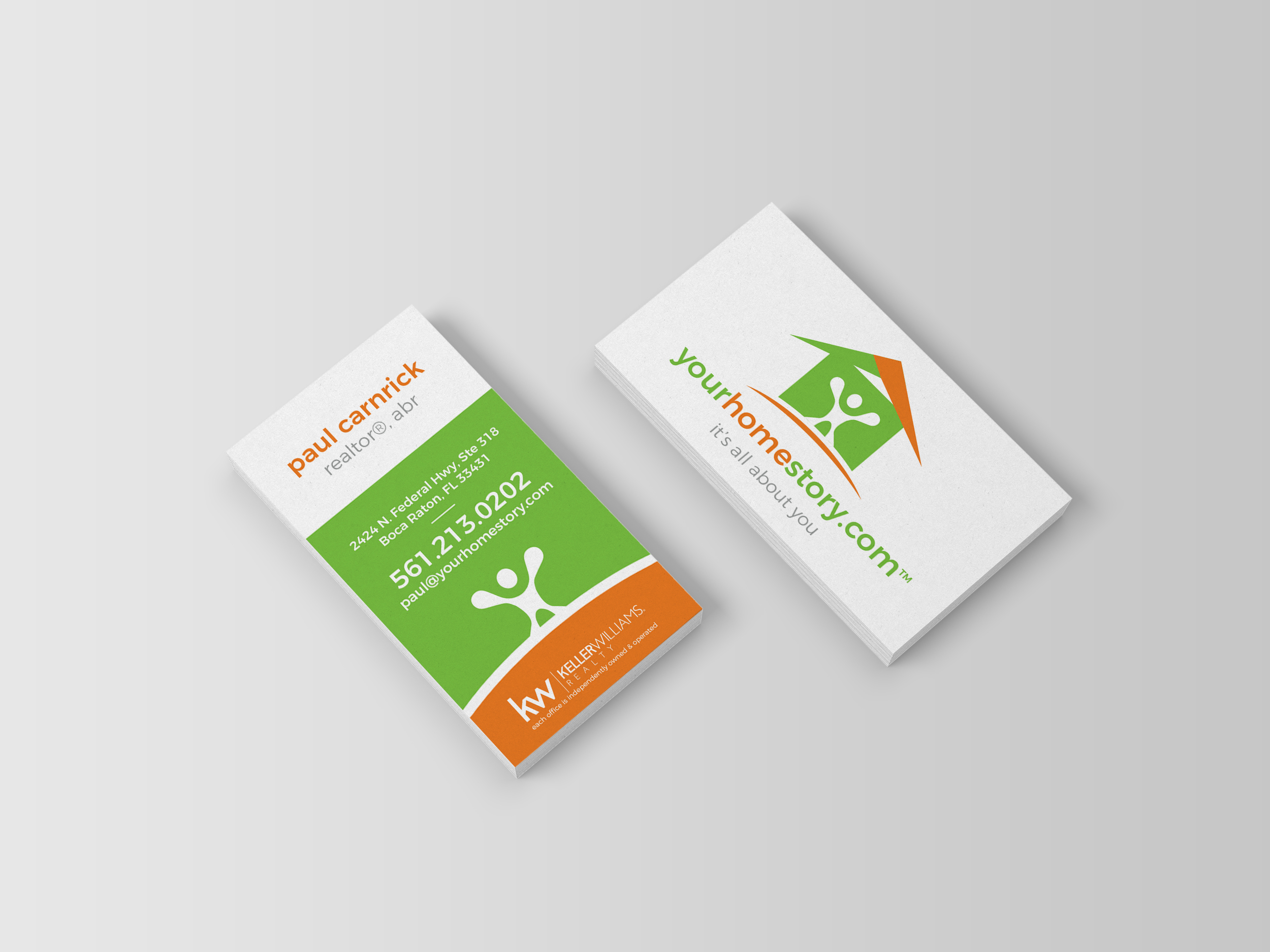 Business cards for a pest control service with green and orange design.