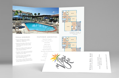 Elegant tri-fold brochure showcasing a luxury villa with pool and floor plans.