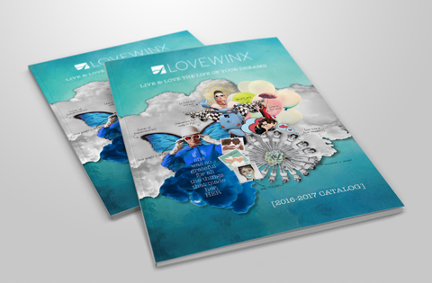 Two colorful Lovepink catalogs with artistic butterfly and floral designs.