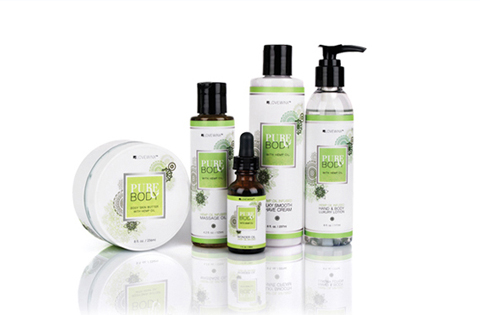 A set of herbal skincare products with green labels arranged on a white background.