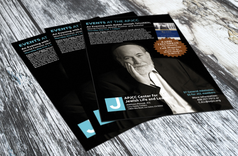 Flyers for APJCC events featuring a thoughtful man in black and white.