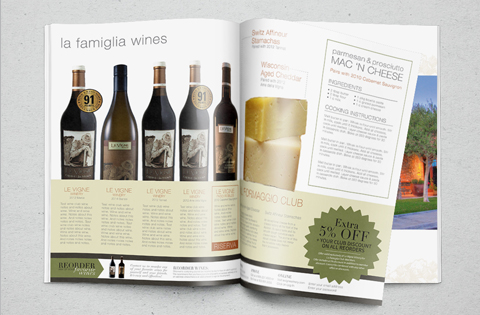 Open magazine spread featuring la famiglia wines and a recipe for mac n cheese.