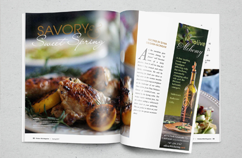 Open magazine featuring a savory spring recipe with grilled meat and vegetables.