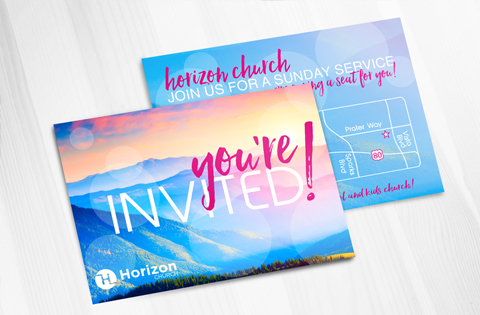 Colorful church invitation card with mountain background and event details.