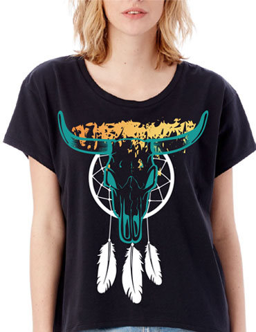 Black t-shirt with a colorful bull skull and dreamcatcher design.
