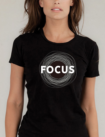 Black T-shirt with white 'FOCUS' text and circular sketch design.