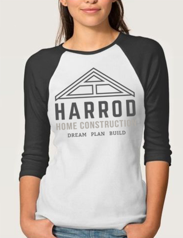 Person wearing a baseball shirt with Harrod Home Construction logo.