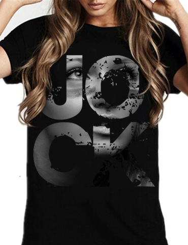 Black t-shirt with bold, distressed 'JOCK' text and a woman's face.