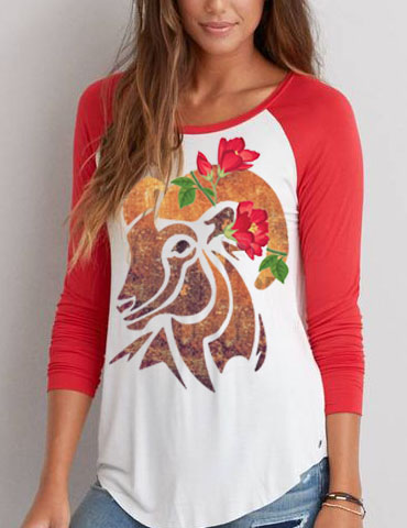 White and red raglan shirt with a floral lion design.
