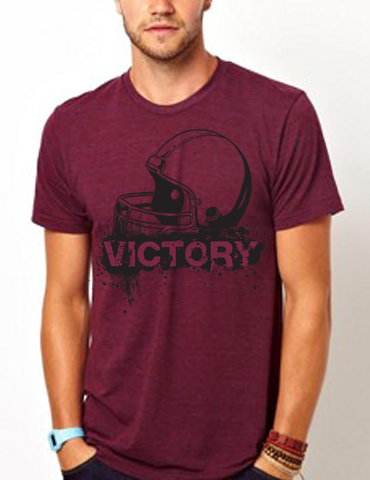 Maroon t-shirt with a black helmet graphic and the word 'VICTORY'.