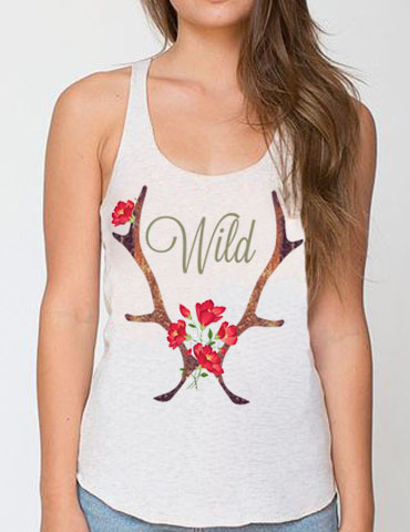 Tank top with antlers, flowers, and the word 'Wild' printed on it.