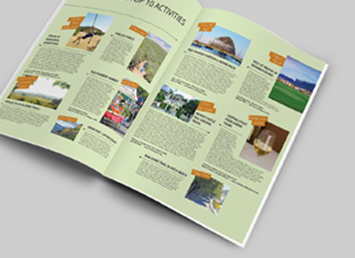 Open magazine featuring travel destinations and activities with images and text.
