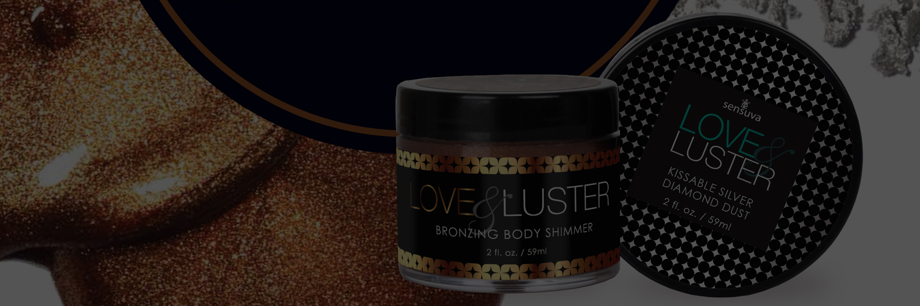 Jar of Love & Luster bronzing body shimmer against a dark background.