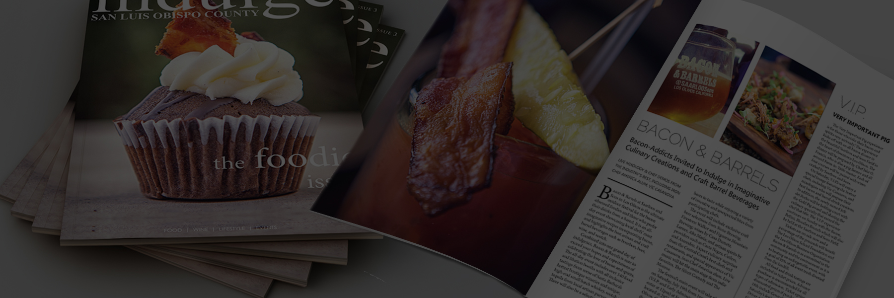 Open magazine featuring a cupcake and a bacon cocktail recipe.