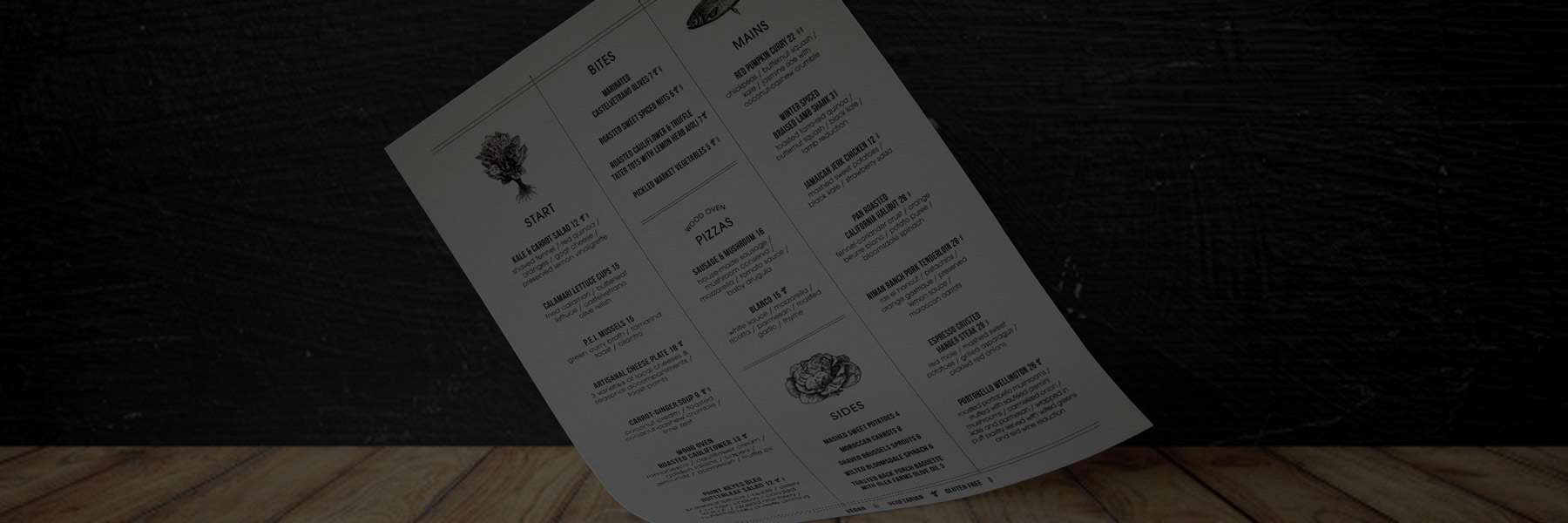 A menu listing various dishes and drinks on a dark wooden surface.