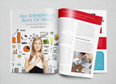 Magazine spread discussing if entrepreneurs are born or made, featuring a thoughtful woman and business graphics.