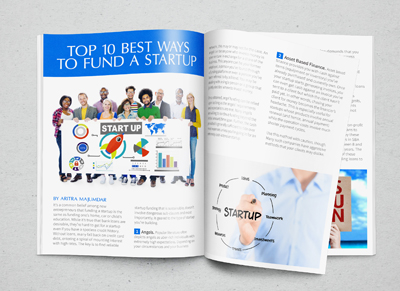 Magazine spread on top 10 ways to fund a startup with diverse professionals and graphics.