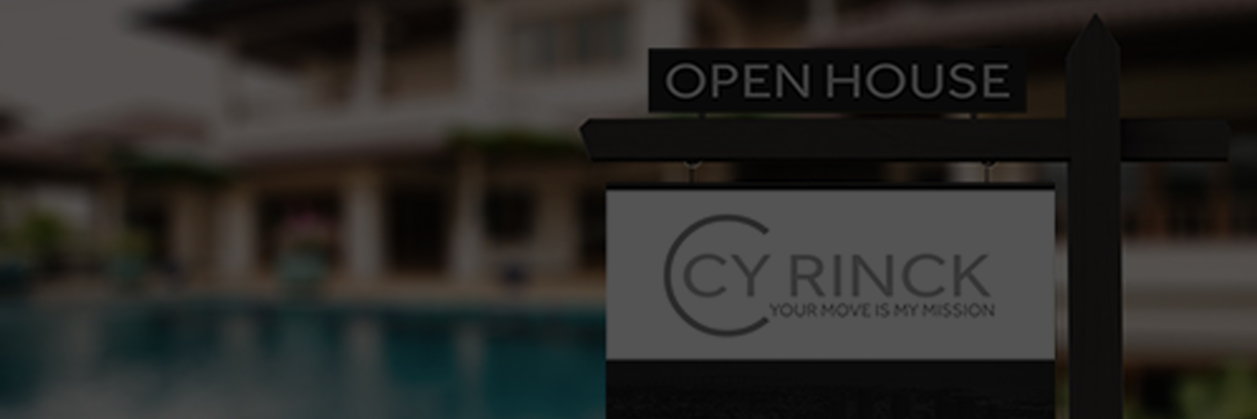 A sign indicating an open house event near a pool area.
