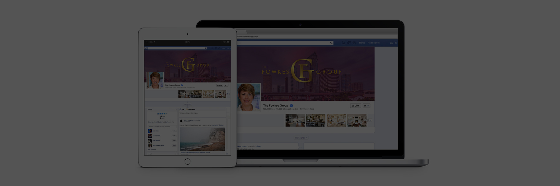 Tablet and laptop displaying the same website with a purple theme.