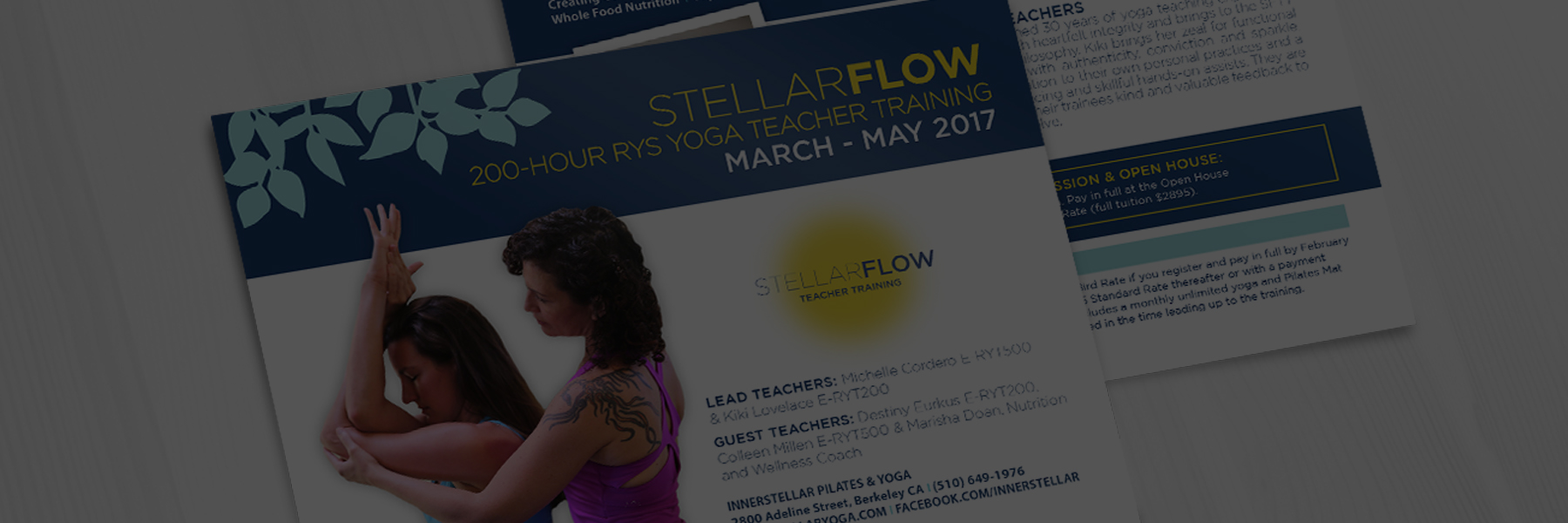 Flyer for StellaReflow 200-hour RYS Yoga Teacher Training, March-May 2017.