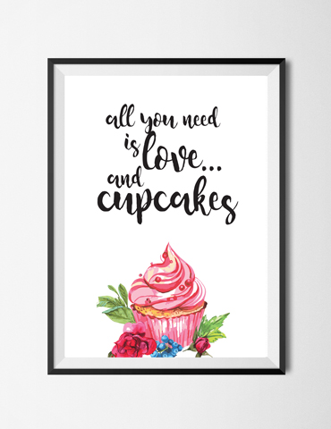 A framed quote about love and cupcakes with a pink cupcake illustration.