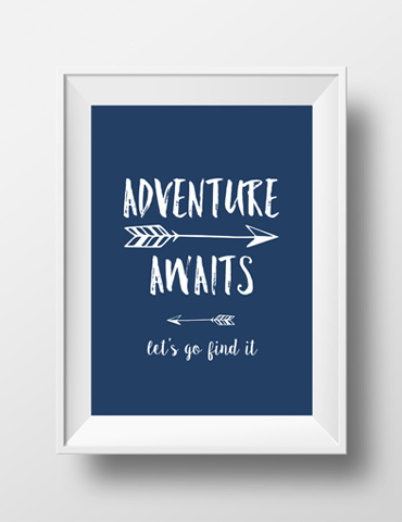 Inspirational quote 'Adventure Awaits' with arrow graphics on navy background.