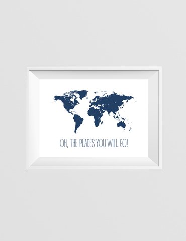 Framed world map artwork with the quote, "Oh, the places you will go!"