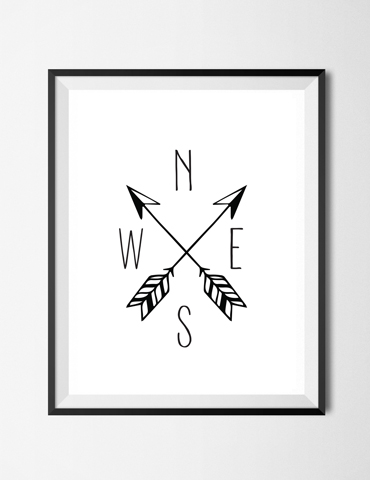 Minimalist compass design with black arrows and cardinal directions.