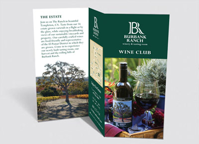 Burbank Ranch Wine Club brochure with scenic vineyard and wine imagery.