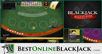 Online blackjack game interface and logo.