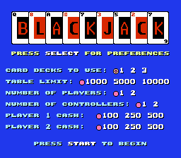 Blackjack game options screen with settings.