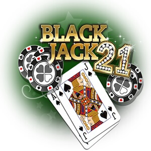 Blackjack 21 graphic with cards and chips.
