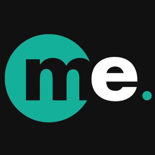 Logo with 'me.' text, the 'm' inside a teal circle, 'e.' in white on black background.