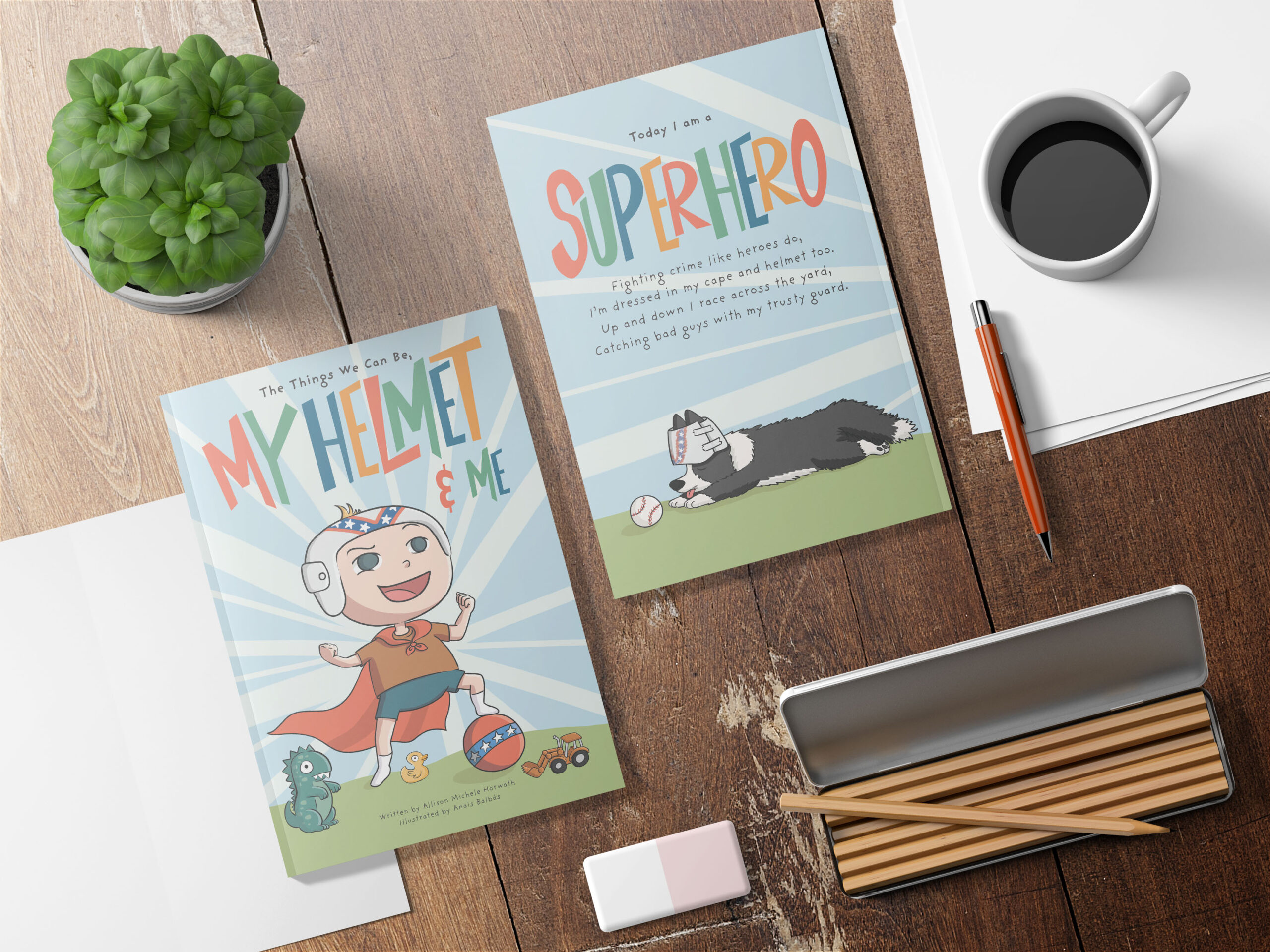 Two colorful children's books and art supplies on a wooden desk.