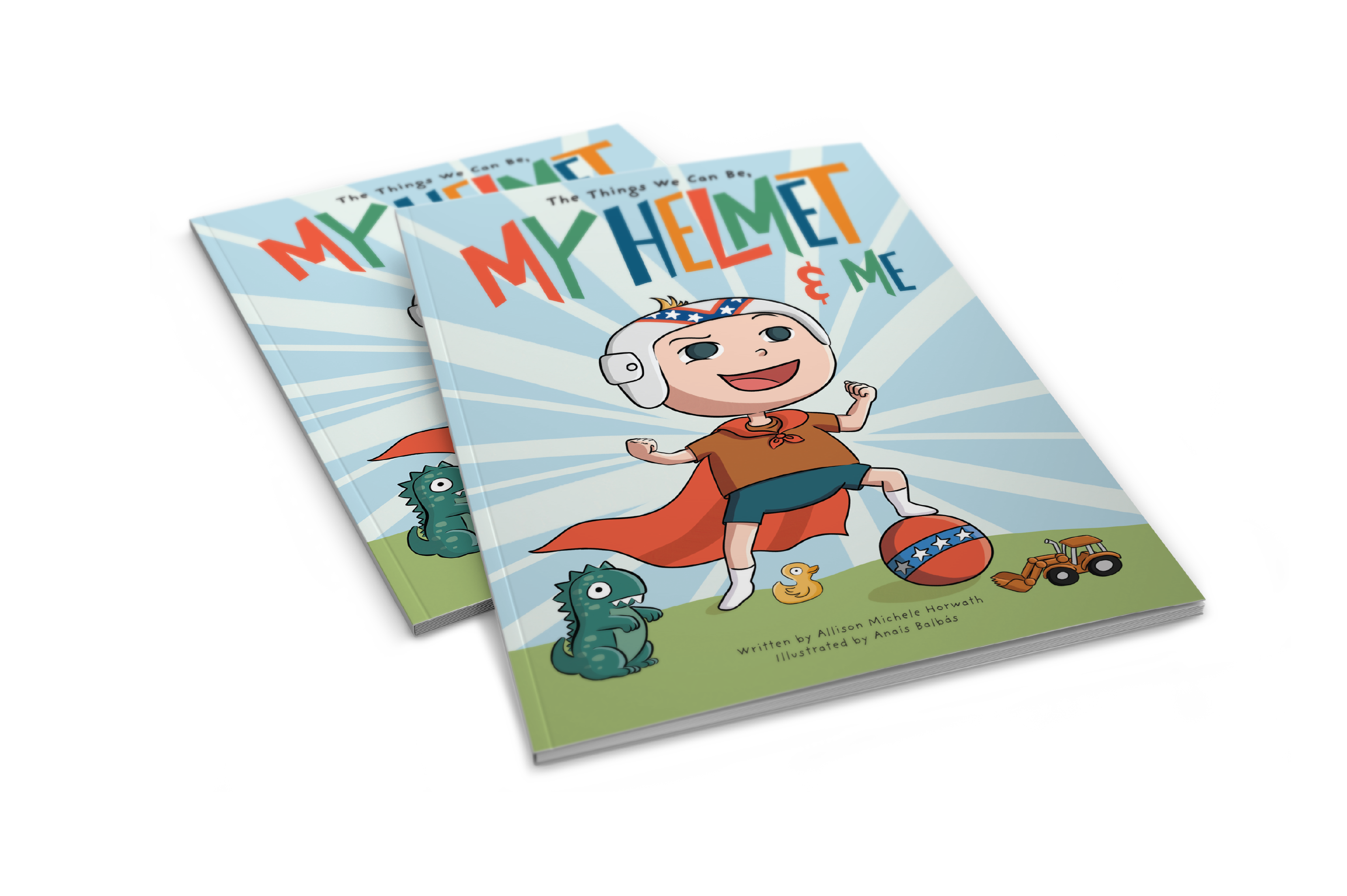 Children's book titled 'My Helmet & Me' with a cartoon child wearing a helmet.