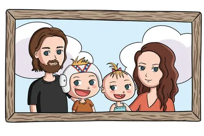 Cartoon family portrait with two parents and two children in a wooden frame.