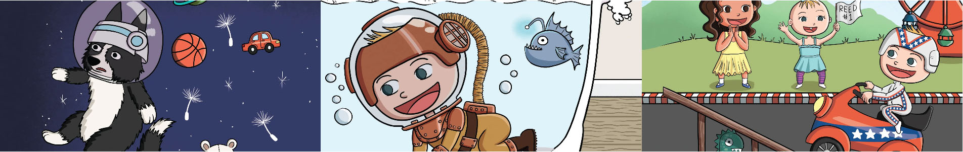 A smiling child in a vintage diving suit underwater with a curious fish.
