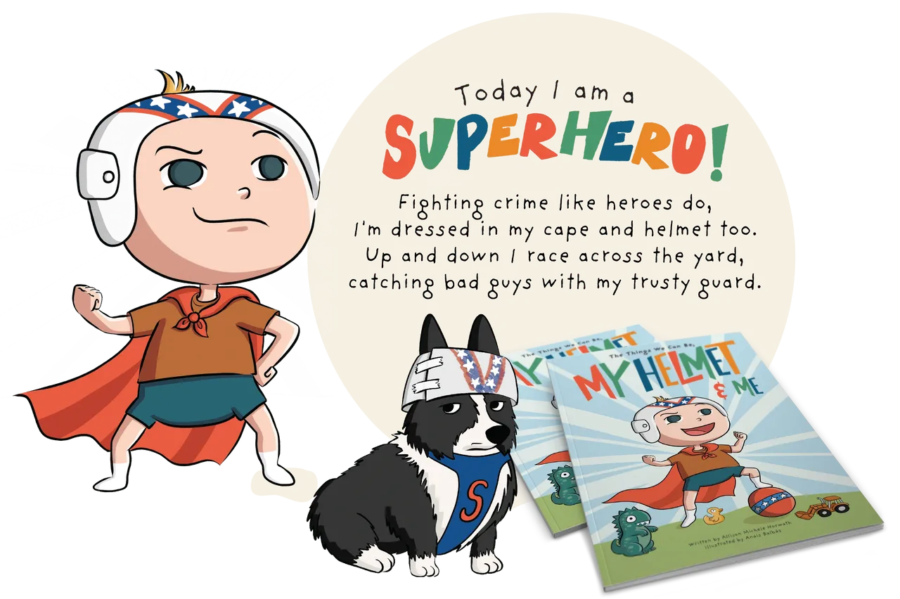 A child superhero and dog with a cape, accompanied by a book and a motivational message.