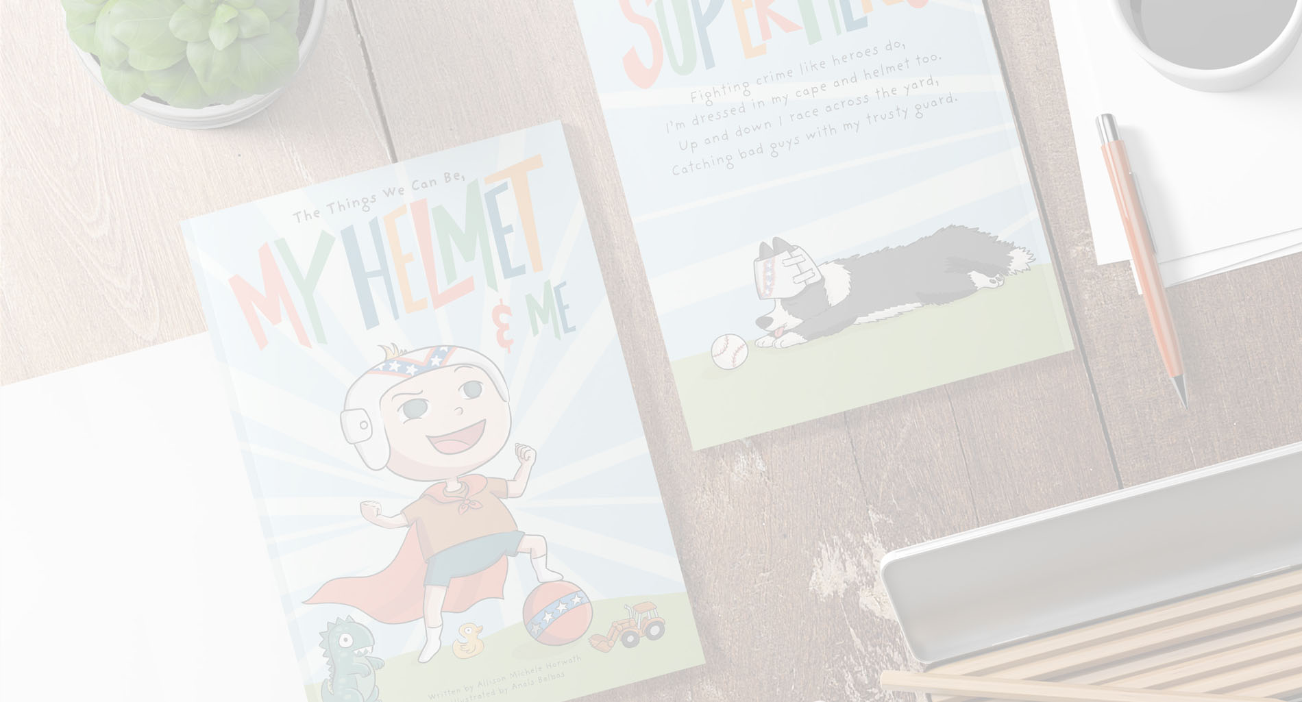 Colorful superhero-themed children's books on a wooden table.